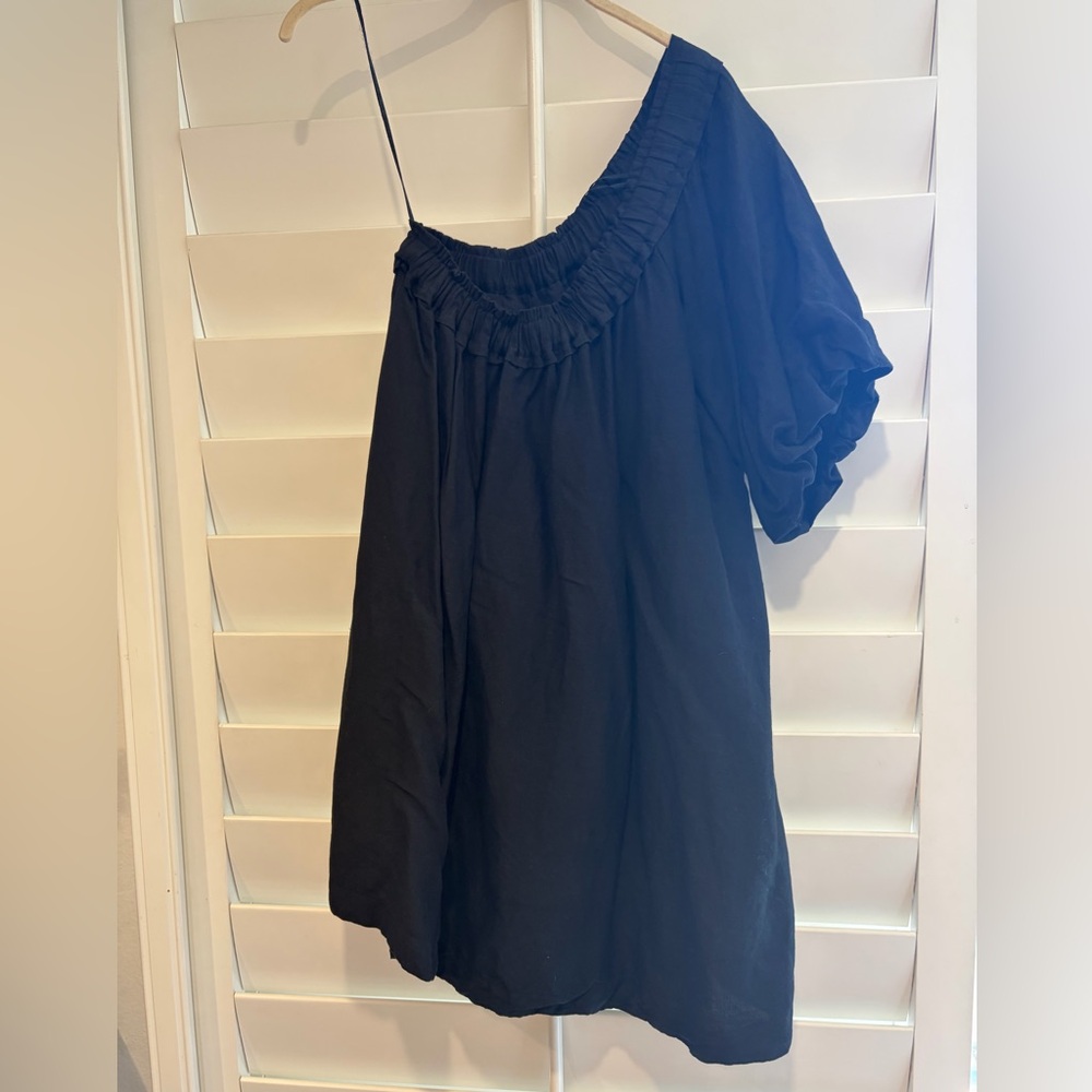 BY ANTHROPOLOGIE EUC One Shoulder Waistless Mini Dress Linen Blend M Black - Picture 6 of 11